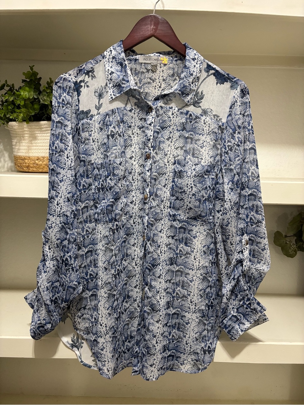 Relaxed Blue Snake-Print Button-Up Blouse - Unbranded
